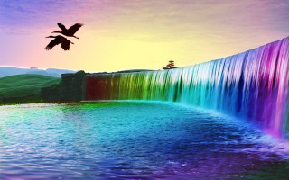 Bird flying waterfall rainbow background 2 - a matte painting free wallpaper for desktop