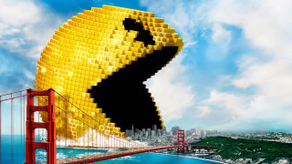 Giant yellow building black face - 2 d game art free wallpaper