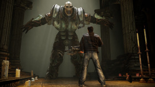 Man giant robot room columns - classical realism free wallpaper