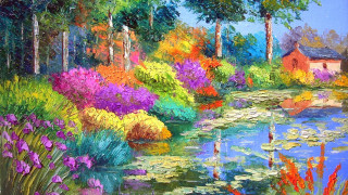 Pond flowers house background painting - impressionist painting free wallpaper