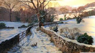 Snowy landscape tree fence dog - a fine art painting free wallpaper