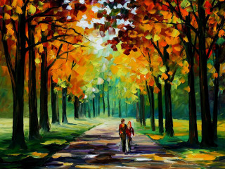 People walking path woods trees - a colorful sky free wallpaper