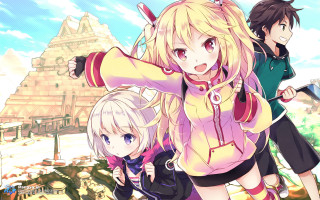 Anime girls group building sky 3 - official art free wallpaper for desktop