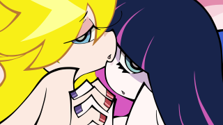 Women kissing yellow background blue 2 - a couple of women free wallpaper