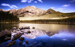 Mountain reflection lake rocks trees - bob ross free wallpaper