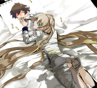 Couple bed long hair green - their face free wallpaper