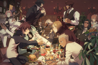 Group people sitting table food 5 - a group of people sitting free wallpaper