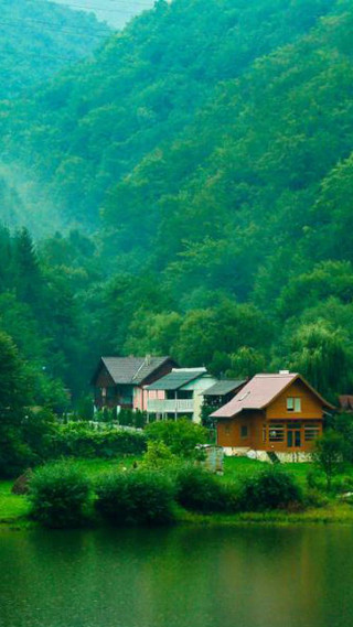 House island lake mountains trees - beautiful landscape free wallpaper