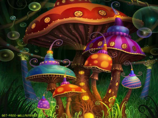 Mushrooms grass bubbles clock painting - the air above them free wallpaper
