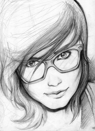 Pencil drawing woman glasses smile - figurative art free wallpaper