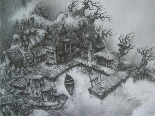 Boat water house dock drawing - a charcoal drawing free wallpaper