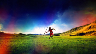 Man field stick rainbow clouds - a sky full free wallpaper