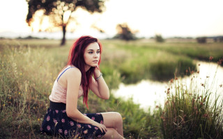 Woman red hair river grass - the ground next free wallpaper