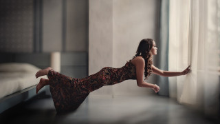 Woman long dress window sill - surreal photography free wallpaper