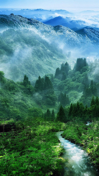 Mountain valley stream fog painting - choi buk free wallpaper