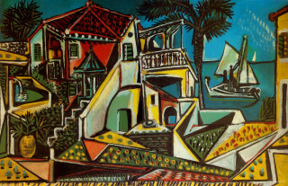 City buildings trees boat water - cubist free wallpaper