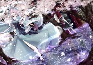 Woman blue dress snow sword - her hand and a man free wallpaper