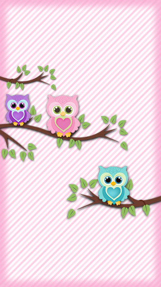 Three owls branch leaves pink - color scheme free wallpaper