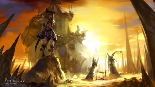 Woman rock castle statue sword - dark fantasy art free wallpaper