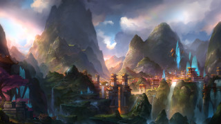 Fantasy city mountains waterfall rainbow - christophe vacher free wallpaper