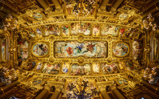 Ceiling paintings chandeliers gold trimmings - art noveau free wallpaper