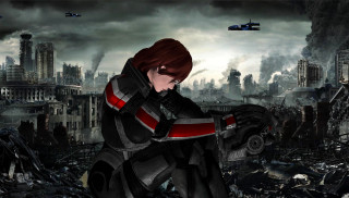 Woman futuristic suit destroyed city - city free wallpaper