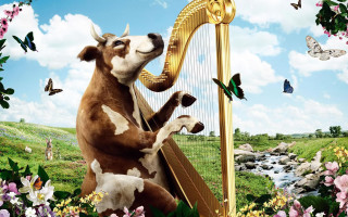 Cow playing harp field flowers - david lachapelle free wallpaper