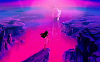 Woman cliff waterfall pink blue - a cliff free wallpaper for desktop