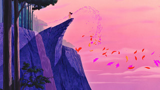 Cliff person tree birds flying - a pink sky free wallpaper