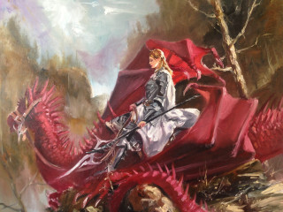 Woman riding dragon red umbrella - donato giancola free wallpaper