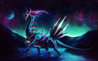 Dragon water mountains stars night - bioluminescence free wallpaper
