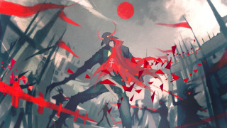 Red umbrella city street flags - a painting of a man free wallpaper