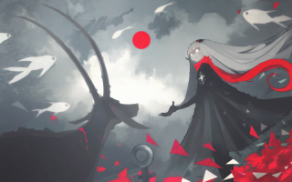 Woman black dress red white - fish free wallpaper