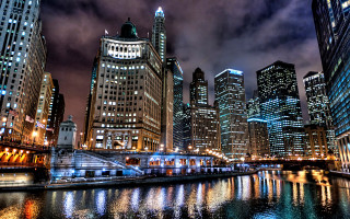 City skyline river night lights 9 - a bridge in the foreground free wallpaper