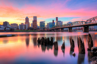 Bridge river boat city sunset - the water and a city in the background free wallpaper