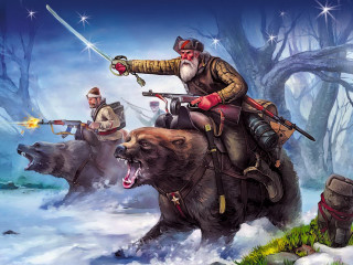 Bear riding man gun outdoors - extreme illustration free wallpaper