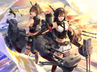 Anime girls sky planes beach - a sky background free wallpaper for desktop