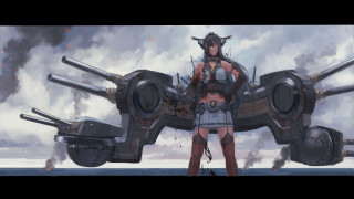 Woman standing machine gun cartoon - autodestructive art free wallpaper
