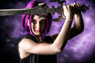 Woman purple hair sword black - epic fantasy character art free wallpaper