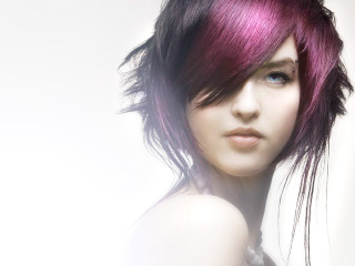 Woman pink black haircut white - a white wall behind her free wallpaper