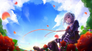 Anime girl flower field sky - field free wallpaper for desktop