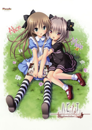 Anime girls sitting grass arms - together free wallpaper