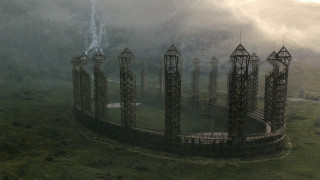 Towers field fog waterfall distance - matte painting concept art free wallpaper