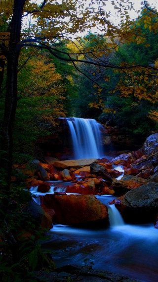 Waterfall woods rocks trees dusk - hudson river school free wallpaper
