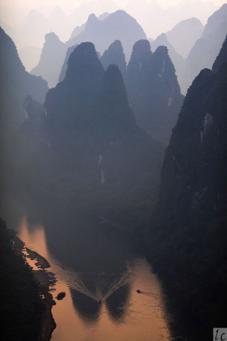 River mountains valley boat water - matte painting free wallpaper