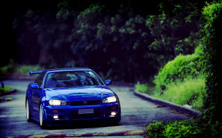 Blue car forest road nature - hillside free wallpaper