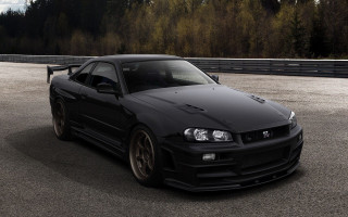 Black sports car parked forest - fine art free wallpaper