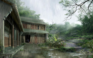 House pond person doorway rain - chen chun free wallpaper
