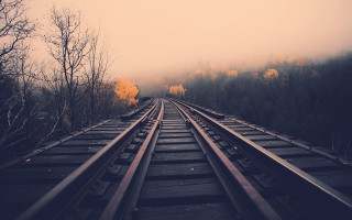 Train track trees foggy sky - a few yellow leaf free wallpaper
