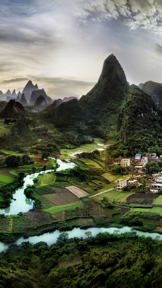 Scenic mountain range river town - matte painting free wallpaper